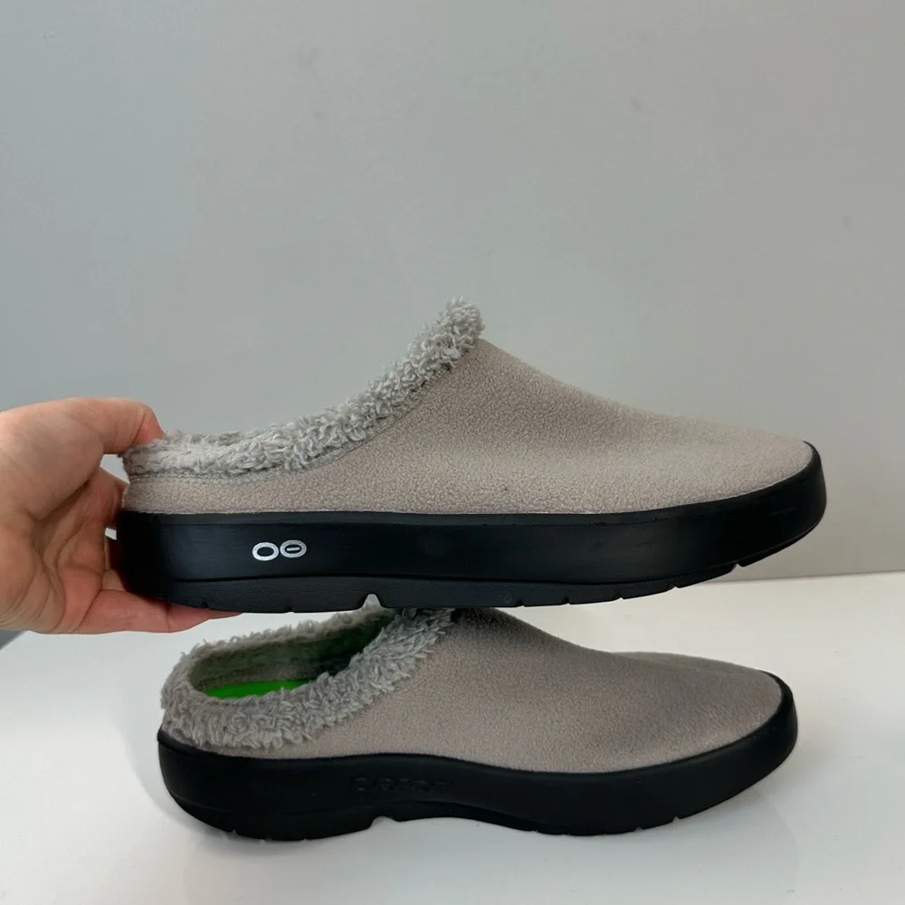 Oofos Oocoozie Mule Gray Sherpa Comfort Recovery Slip On Shoes Size 10